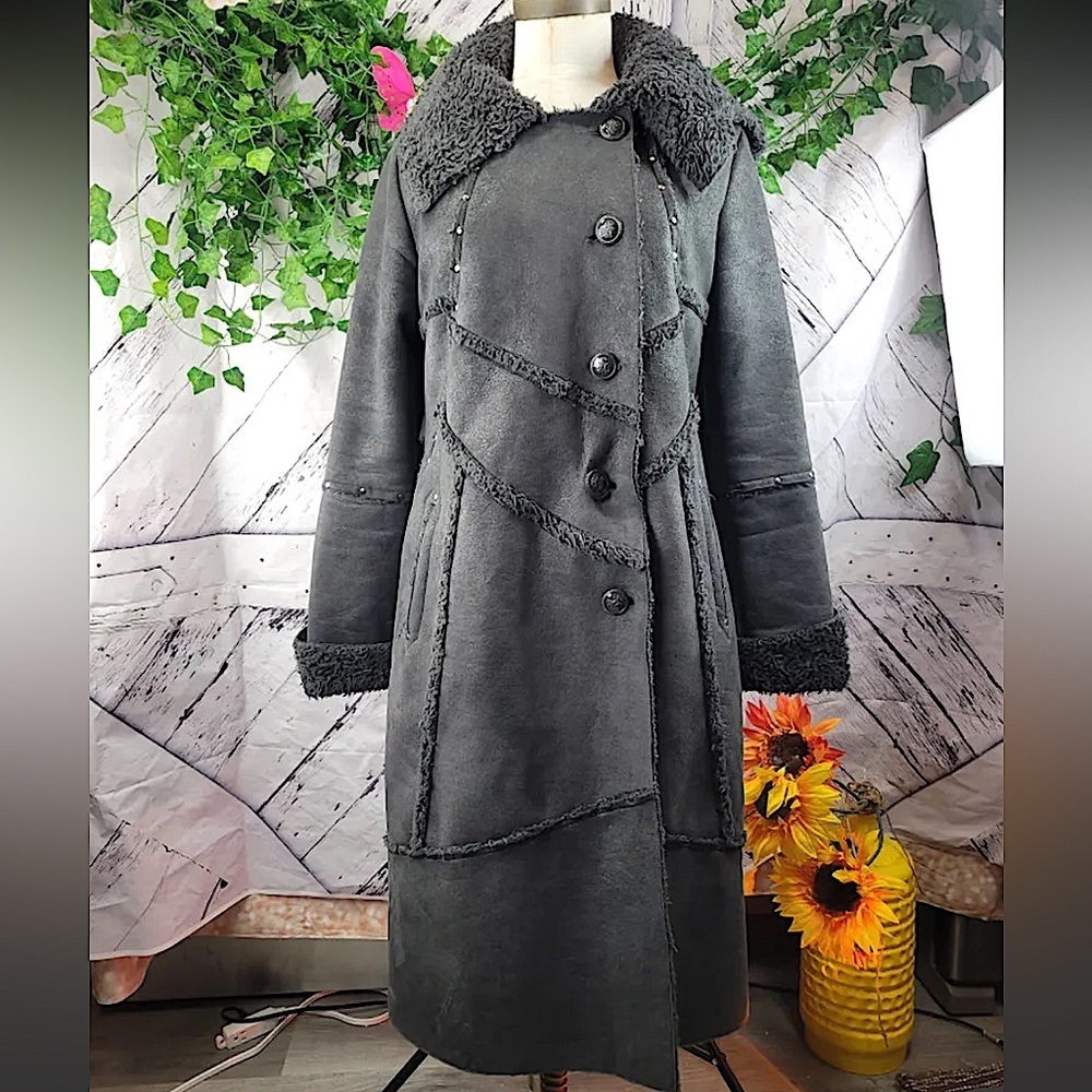 TERRA NOSTRA Vintage Faux Suede Hooded Longline Coat
